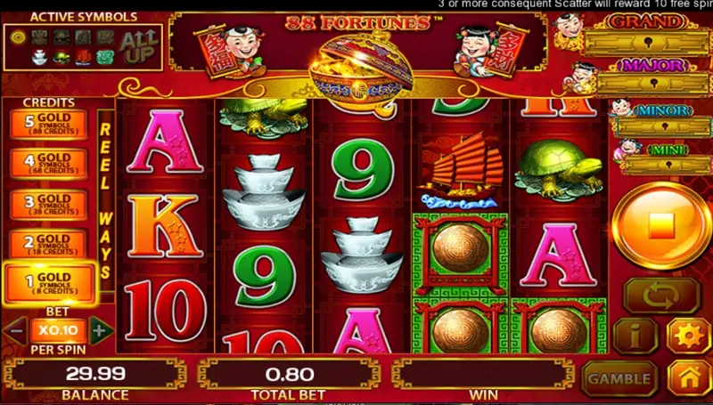 Reels with silver ingots stacked on reels 2 and 3, junk ships and card ranks, balance 29.99 and total bet 0.80