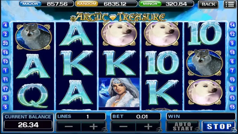 Arctic Treasure reels on 1 line at 0.01, showing a wolf, two polar bears, the ice queen and icy card letters, with the STOP button lit