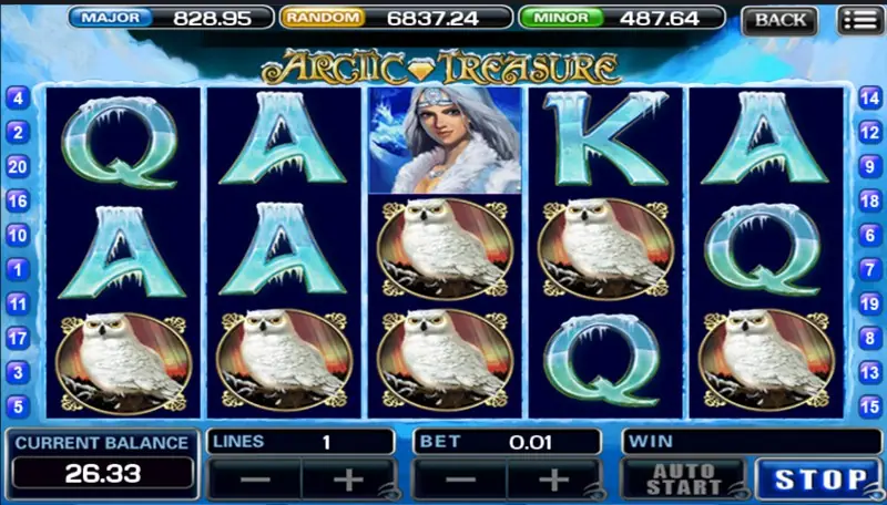 A spin with snowy owls filling most of the bottom row and the ice queen on reel 3