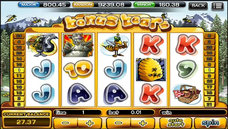 Bonus Bears with the grizzly bear bursting out of his tile on reel 2, a skunk on reel 1, a bee on reel 3 and a beehive on reel 4