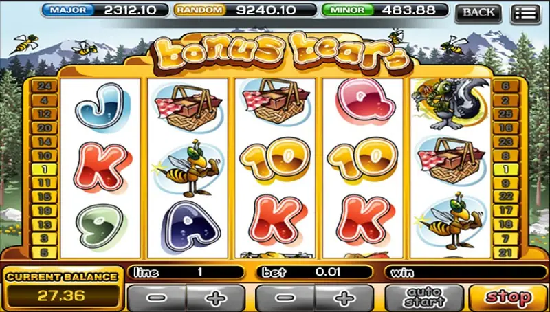 Bonus Bears with picnic baskets on reels 2, 3 and 5, bees on reels 2 and 5, a skunk top right and gold 10 symbols, line 1 and bet 0.01