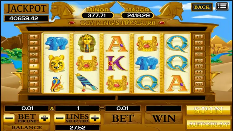 Boy King's Treasure with blue hippos, gold armbands, a lioness head and a falcon on the reels