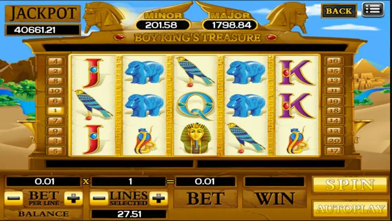 Boy King's Treasure with blue hippo figurines on reels 2 and 4, falcons, cobras and one pharaoh mask on reel 3, panel at 0.01 x 1 = 0.01