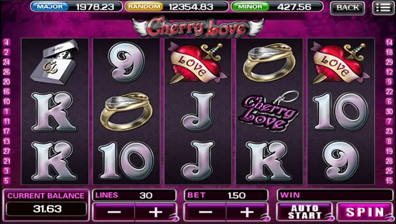 Cherry Love on ACE333 with dagger-through-heart LOVE tattoos, gold rings, a silver lighter and a Cherry Love keyring on purple reels, lines 30 and bet 1.50