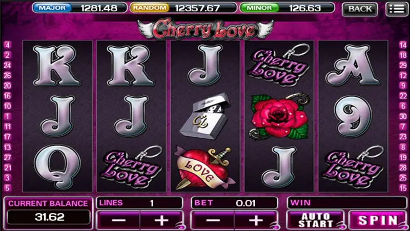Cherry Love at 1 line with a silver lighter and a red rose on reel 3, a Cherry Love keyring on reel 4, and a LOVE heart below it