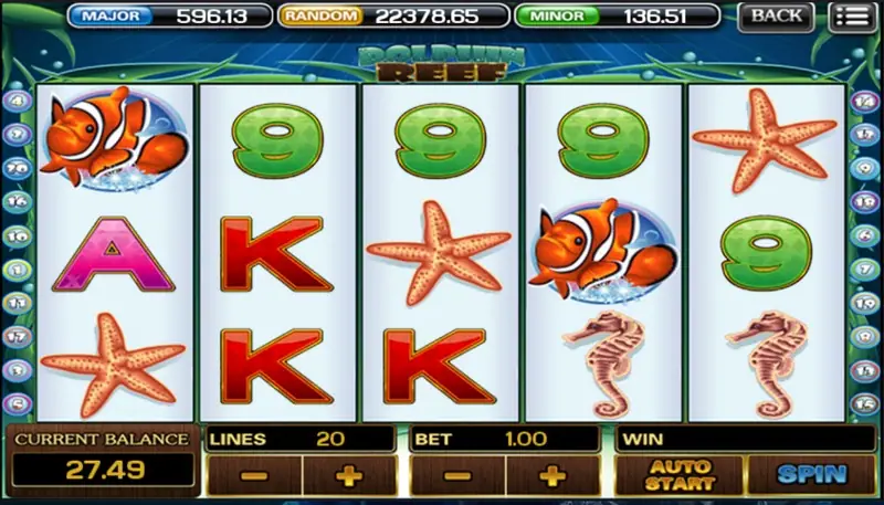 Dolphin Reef at 20 lines and bet 1.00 with a clownfish, starfish and seahorses scattered over red K and green 9 symbols