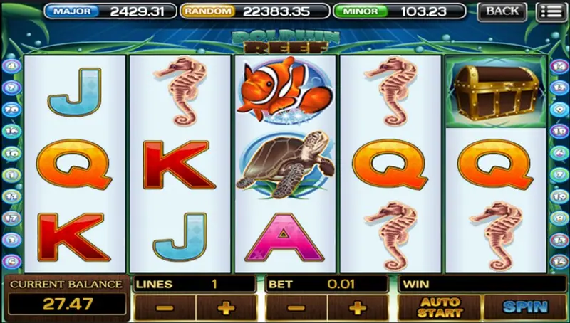 Dolphin Reef with a wooden treasure chest at the top of reel 5 and a sea turtle on reel 2