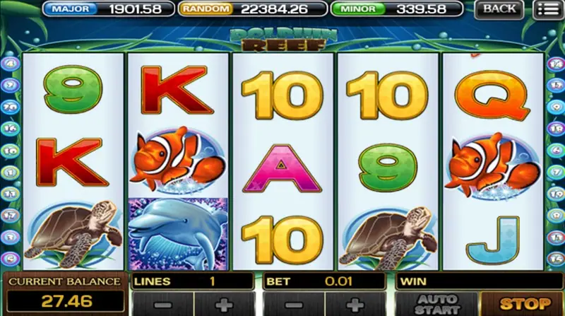 Dolphin Reef on ACE333 with a leaping dolphin on reel 2, clownfish on reels 2 and 5, sea turtles on reels 1 and 4 and gold 10 symbols