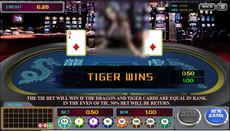 TIGER WINS banner with a 9 of diamonds against a 10 of diamonds, a 0.50 bet returning 1.00