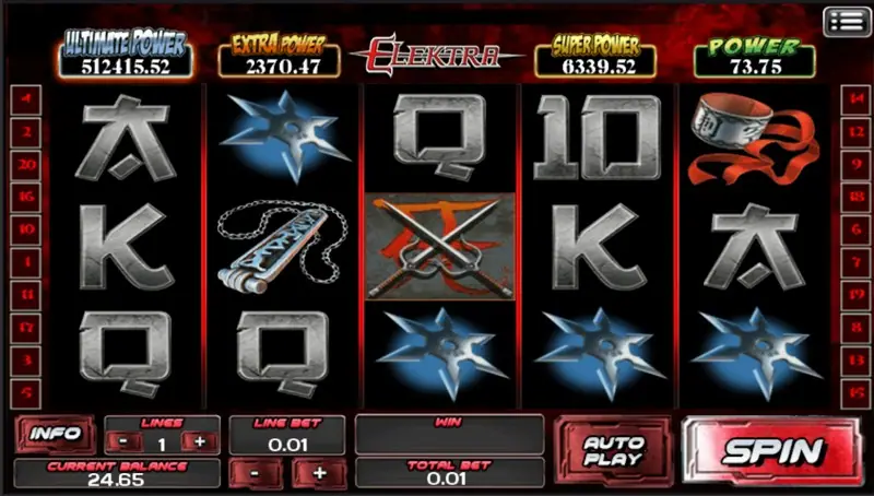 Elektra slot on ACE333 with blue shuriken, crossed sai, a nunchaku chain and a red wrist cuff among steel card ranks, LINES 1 and LINE BET 0.01