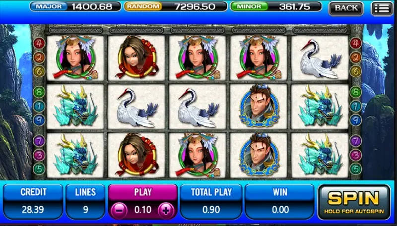 Feng Shen on ACE333 with portraits of a woman in a feathered headdress, a hooded woman in red and a young warrior, plus white cranes and ice-blue dragons, PLAY 0.10 and TOTAL PLAY 0.90