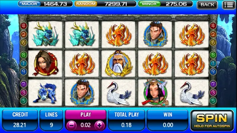 Feng Shen reels with two orange phoenixes and the white-bearded sage in the middle row, cranes and a blue beast below, PLAY 0.02 and TOTAL PLAY 0.18