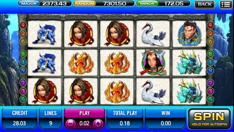 Feng Shen with blue beasts and a red-hooded woman on reels 1 to 3 and phoenixes across the middle row, WIN 0.00 and a yellow SPIN button