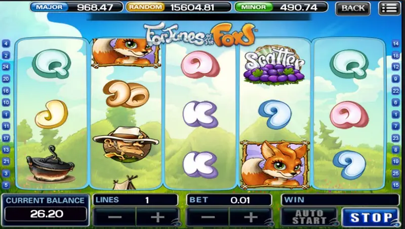 Fortunes of the Fox with fox portraits on reels 2 and 5, the hunter on reel 3 and a berries SCATTER on reel 4