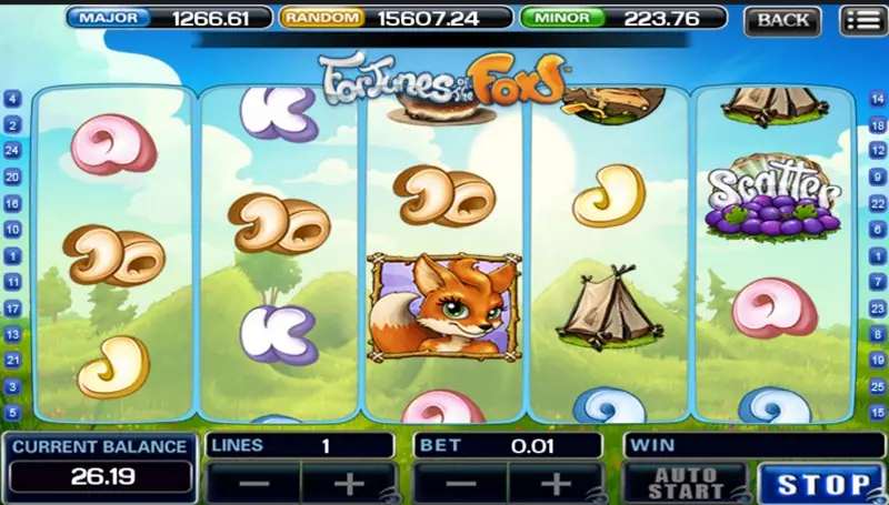 Fortunes of the Fox with a berries SCATTER on reel 5, a framed fox on reel 4 with a tent below it, lines 1 and bet 0.01