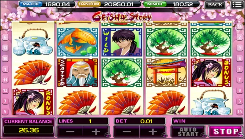 Geisha Story reels with a samurai WILD, an old man SCATTER, geisha BONUS symbols on reels 1 and 5, fans, a teapot and bonsai trees