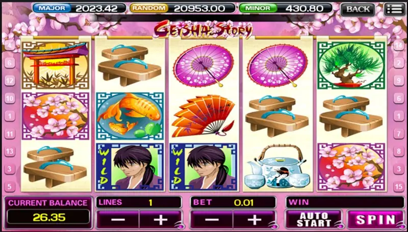 Geisha Story with wooden geta sandals on reels 1, 2, 4 and 5, pink parasols and a samurai WILD on reel 2