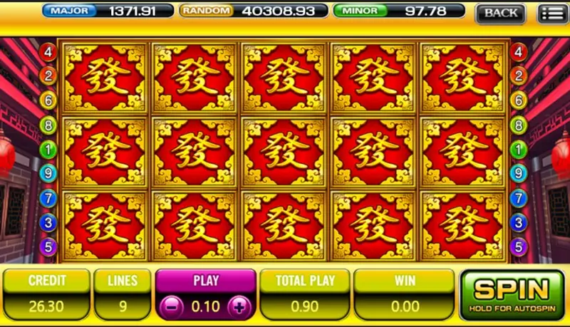 God of Wealth reels filled edge to edge with the red and gold 發 symbol, PLAY 0.10 and TOTAL PLAY 0.90