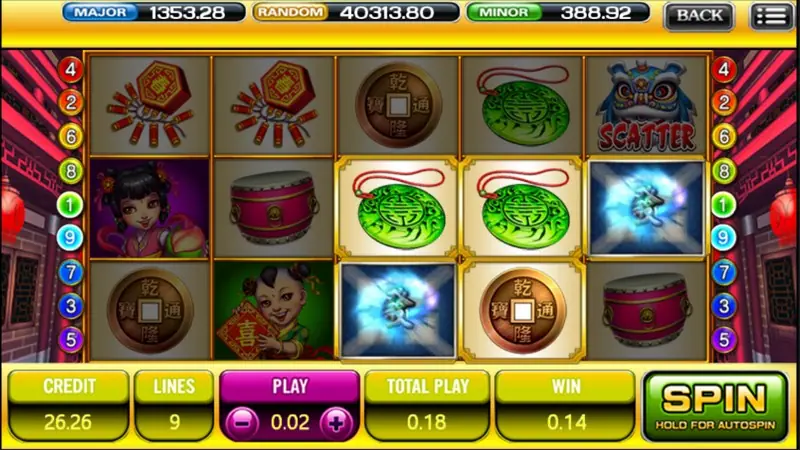 God of Wealth with a blue lion-dance SCATTER on reel 5, a jade pendant and a drum highlighted after a small win of 0.14