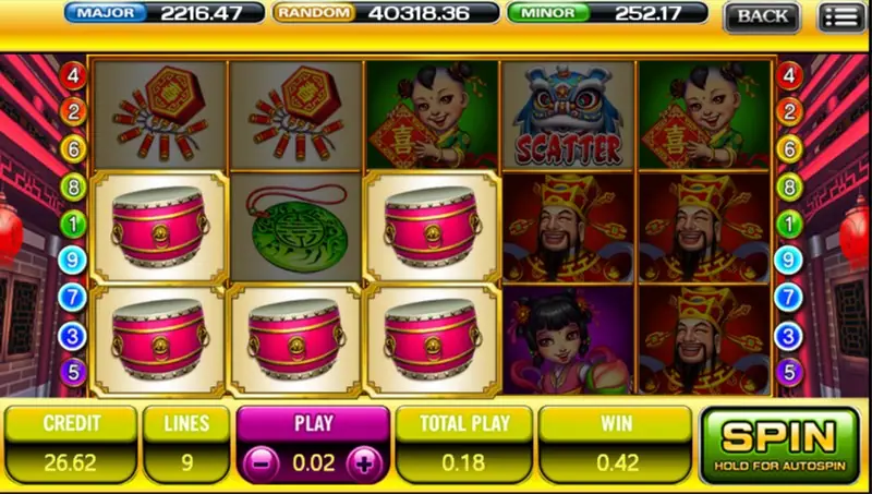 God of Wealth on ACE333 with six pink drums on reels 1 to 3, the smiling God of Wealth stacked on reels 4 and 5, and a lion head SCATTER, win 0.42
