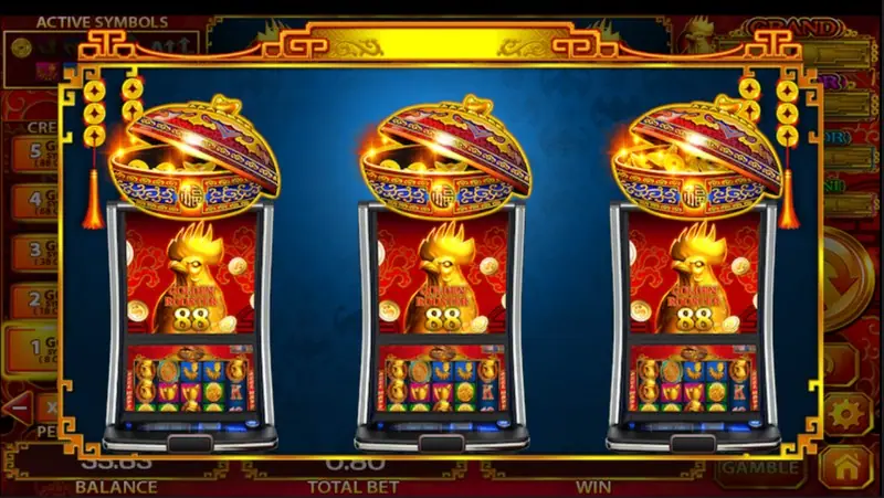Golden Rooster 88 intro screen with three gold slot cabinets side by side, each topped by an ornate lid and a gold 88 figure