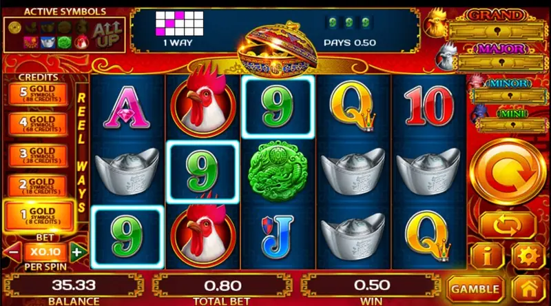 Golden Rooster 88 paying on 1 way with three green 9 symbols outlined across reels 1 to 3, 'PAYS 0.50' in the banner