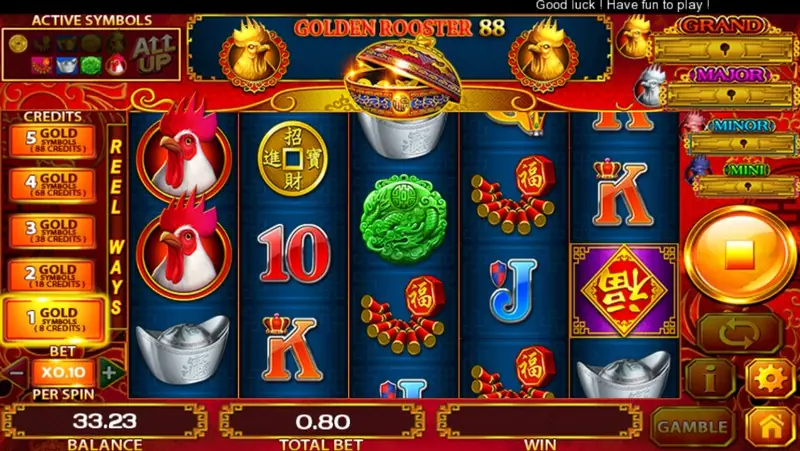 Golden Rooster 88 with rooster heads, gold coins, silver ingots and firecrackers on the reels, the GOLD symbols credit ladder on the left and GRAND, MAJOR, MINOR and MINI bars on the right