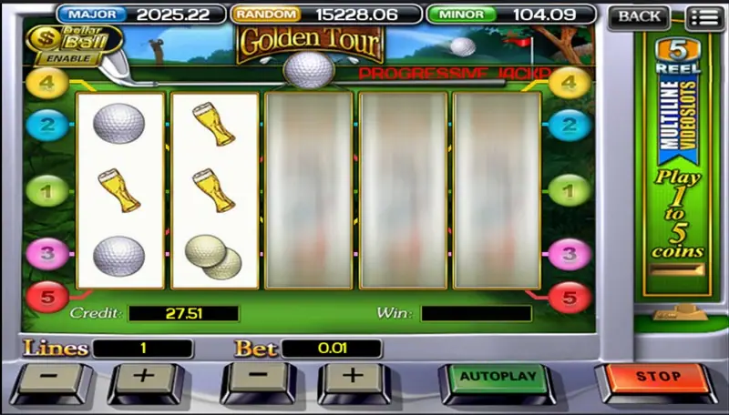 Golden Tour with the first two reels stopped on golf balls and beer glasses while reels 3 to 5 are still blurred, PROGRESSIVE JACKPOT written in red at the top