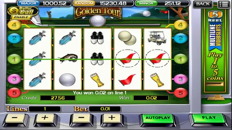 Golden Tour paying 0.02 on line 1, with two red pin flags circled on reels 4 and 5