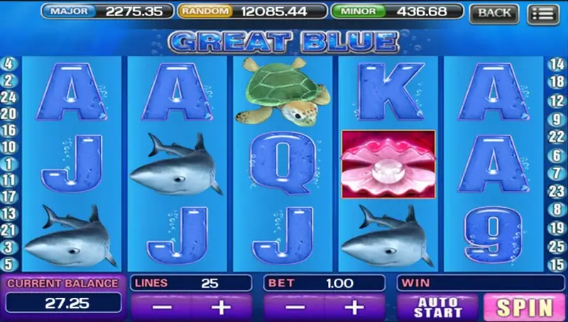 Great Blue on ACE333 with dolphins, a green sea turtle and a pink pearl in an oyster shell on blue reels, lines set to 25 and bet 1.00