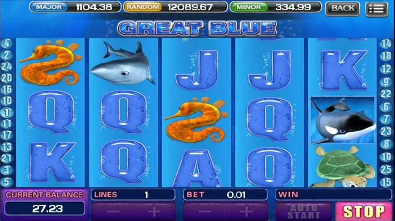 Great Blue with an orca breaking out of its frame on reel 5 and a seahorse on reel 1, lines 1 and bet 0.01