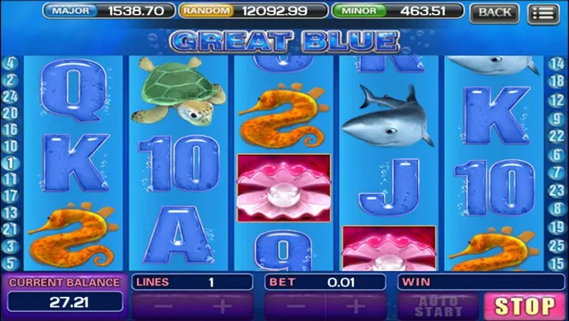 Great Blue with pink pearl-in-shell tiles on reels 3 and 4 and a dolphin and seahorse around them