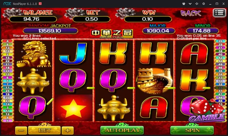 Great China with a Great Wall tile on reel 4 and a red star on reel 2, status text 'You won 0.05 on line 35'