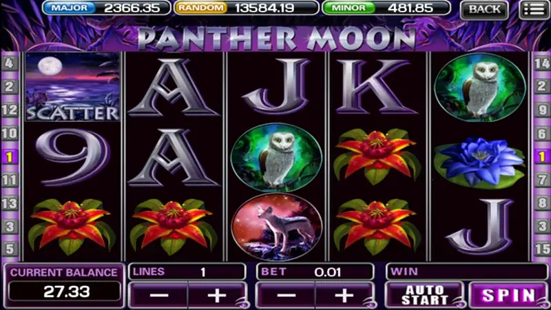Panther Moon at 1 line and 0.01 bet with a moonlit lake SCATTER on reel 1, an owl on reel 3 and a blue lily on reel 5