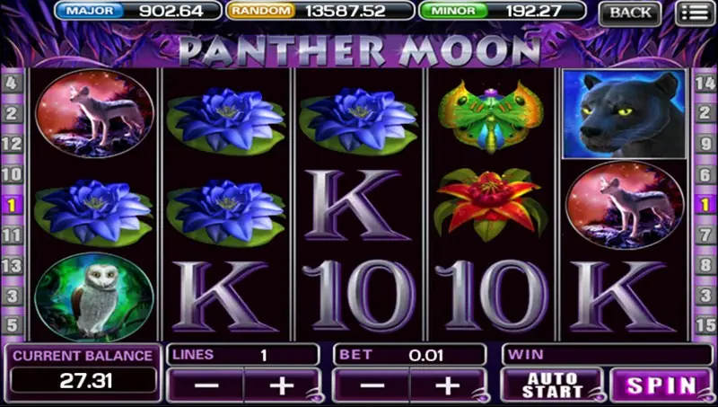 Panther Moon reels with the black panther symbol at the top of reel 5 next to a wolf and a K
