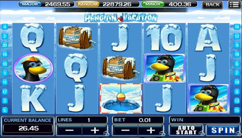 Penguin Vacation with an ice-fishing hole and float on reel 3, suitcases on reels 2 and 3, and two penguins in hats on reels 4 and 5