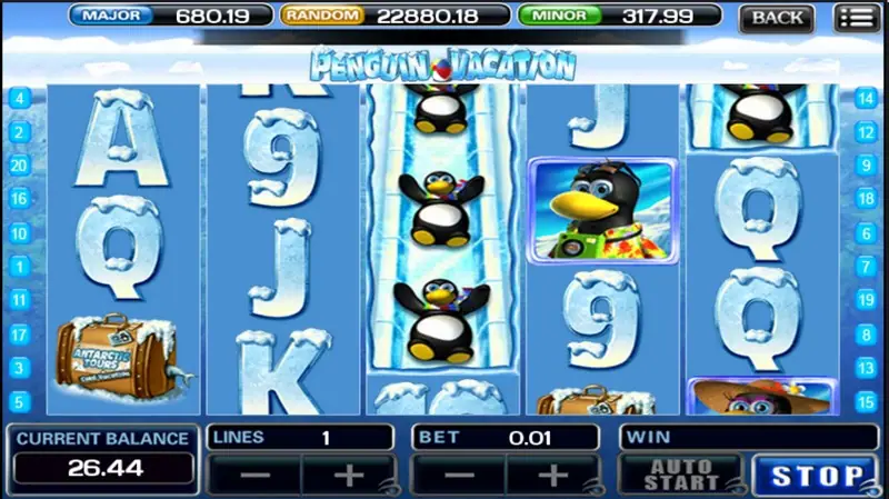 Penguin Vacation with the sliding penguin stacked down the full height of reel 3 while the reels are still stopping