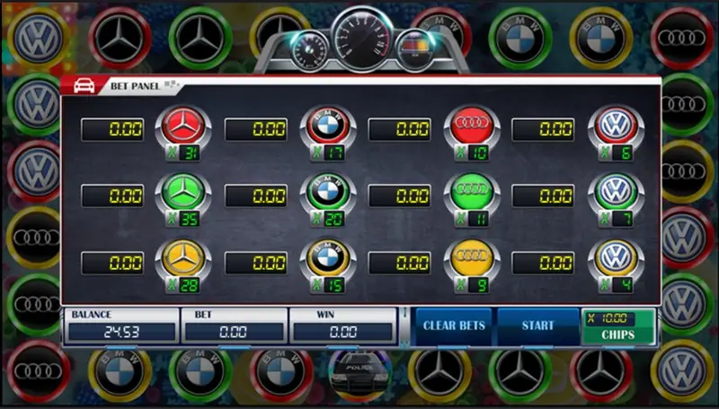 Racing Cars BET PANEL on ACE333 with twelve boxes for four car badges in red, green and yellow, multipliers from x4 to x35, and CLEAR BETS, START and CHIPS x10.00 buttons