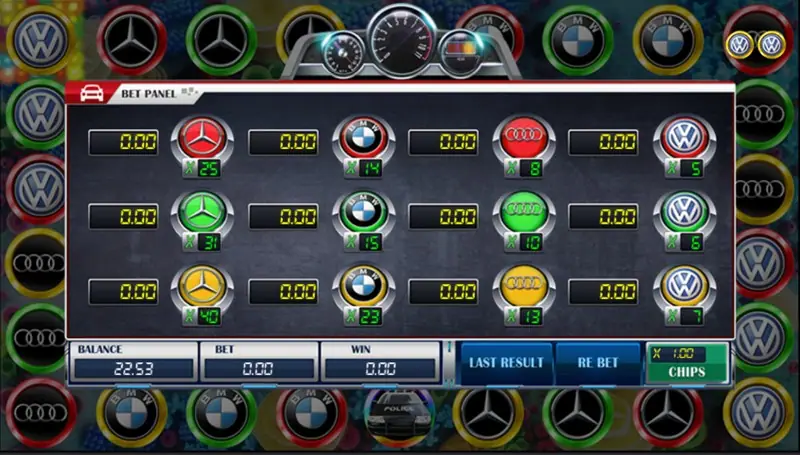 Bet panel after a round with LAST RESULT and RE BET buttons, balance 22.53 and the car badges ringed around the edge