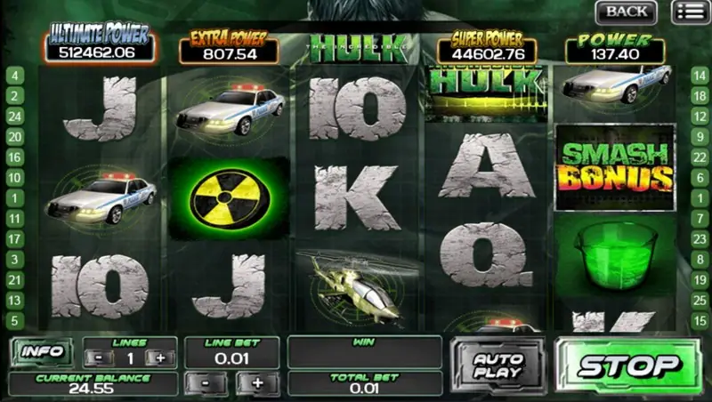 A spin with a SMASH BONUS tile on reel 5, police cars and radiation symbols, STOP button lit