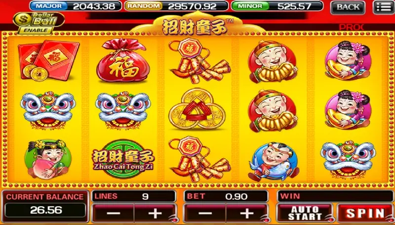 Zhao Cai Tong Zi on ACE333 with red packets, a lucky bag, lion dance heads and cartoon children on a yellow grid, LINES 9 in the bet panel