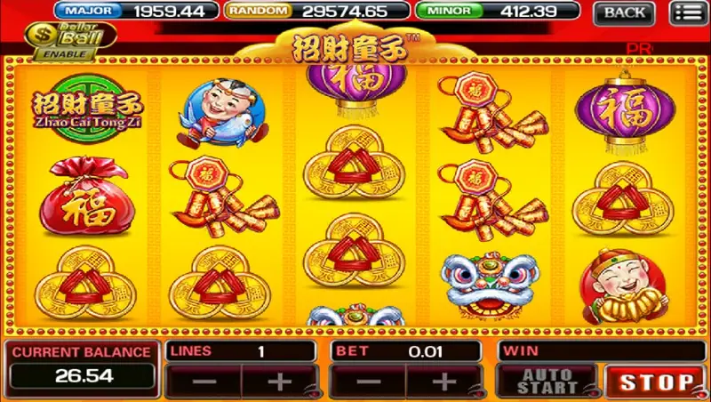 Reels full of red lucky bags, coin knots and purple lanterns with a lion head on reel 4