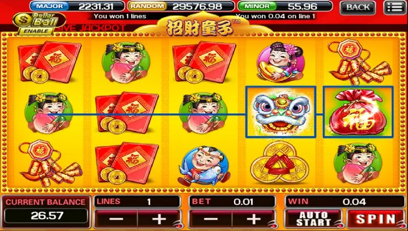 A win on line 1 with a lion dance head and a red lucky bag boxed on reels 4 and 5, and the message You won 0.04 on line 1