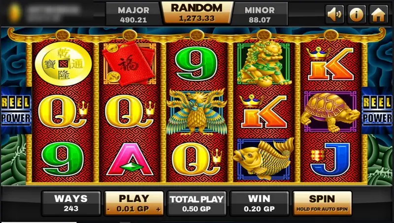 5 Dragons on Joker123: a gold coin, a red packet, a golden lion, a gold koi and a dragon wild on red reels with REEL POWER panels, 243 ways