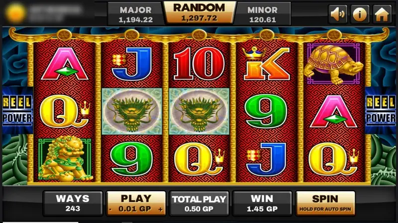5 Dragons with two dragon wild symbols on reels 2 and 3, a golden lion on reel 1 and a gold turtle on reel 5, win 1.45 GP