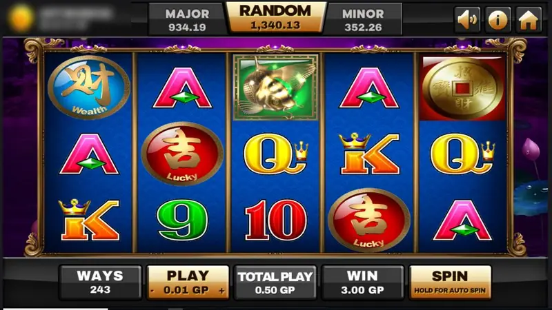 5 Koi Legends with a gold koi wild in a green frame on reel 3, a gold coin on reel 5 and red Lucky coins, win 3.00 GP from a 0.50 GP spin