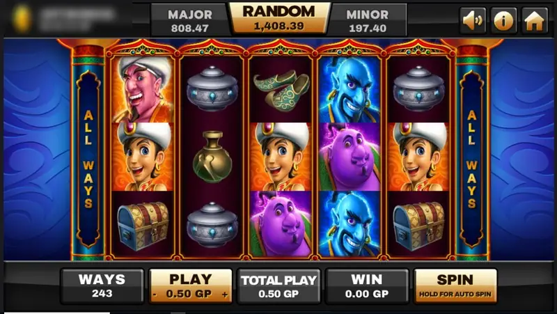 Joker123 slot screen (Aladdin) with the MAJOR, RANDOM and MINOR counters on top and WAYS 243, PLAY 0.50 GP, TOTAL PLAY, WIN and SPIN along the bottom