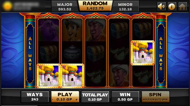 Aladdin reels with two palace Scatters on reels 1 and 2 and one on reel 5, the rest dimmed, win 0.50 GP