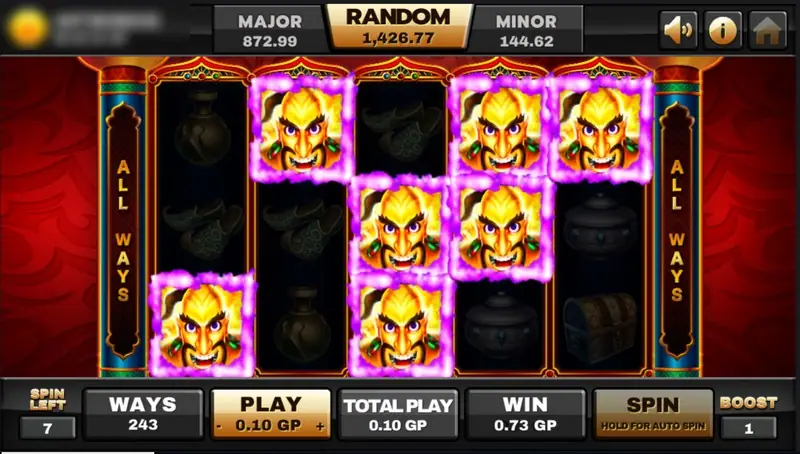 Aladdin free spins with golden Ancient Genie heads glowing on reels 1 to 5, SPIN LEFT 7 and BOOST 1 shown in the corners, win 0.73 GP