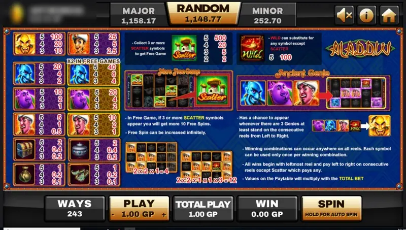 Aladdin paytable showing symbol values, the palace Scatter, the WILD lamp, the More Free Spin and Ancient Genie panels, and 243-ways examples